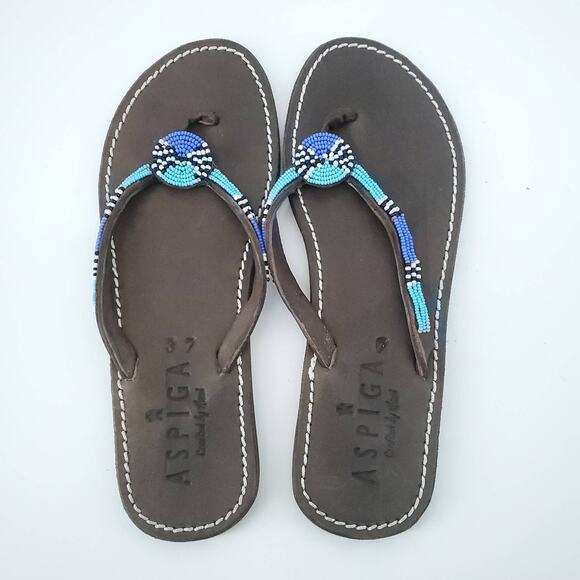 Aspiga Kenyan Handcrafted Glass Beaded Leather Flip Flops Geometric Pattern| 37 - Picture 1 of 5